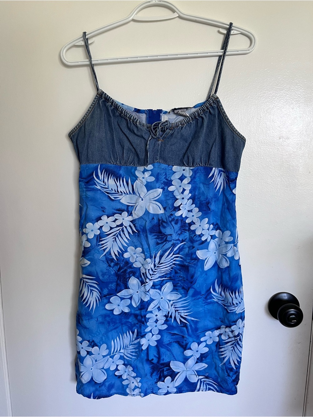 Aqua Blues - Vintage Y2K Blue Floral Sundress with Denim Bodice